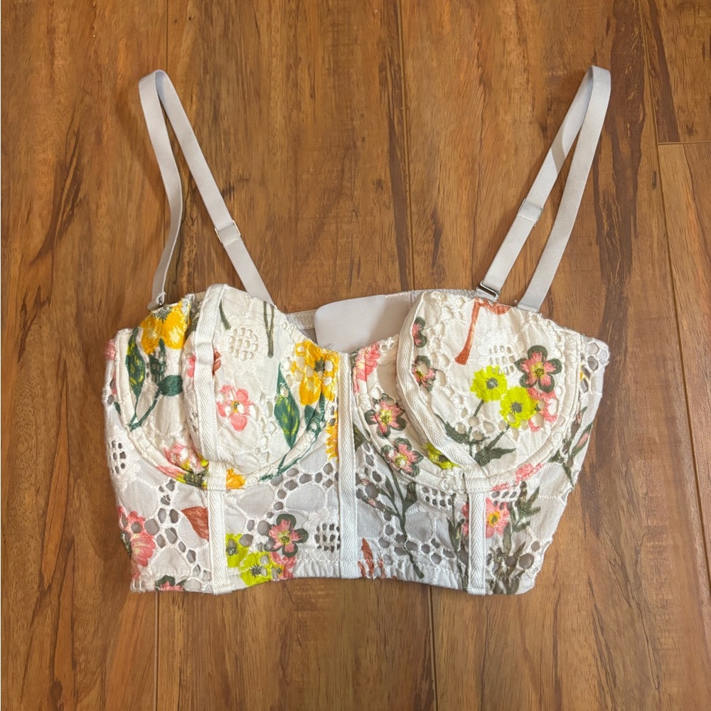 Aerie Floral Lace Crop Top with Yellow and Pink Accents